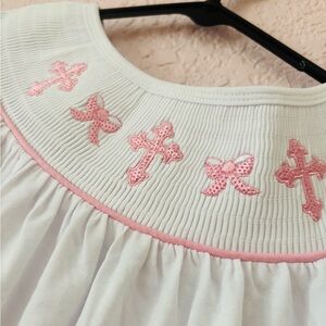 White Smock Dress with Pink Bows and Crosses